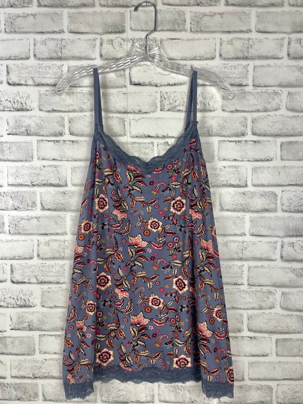 Loralette Camisole Top 2X Blue Floral Lace Trim Adjustable Straps Plus Size